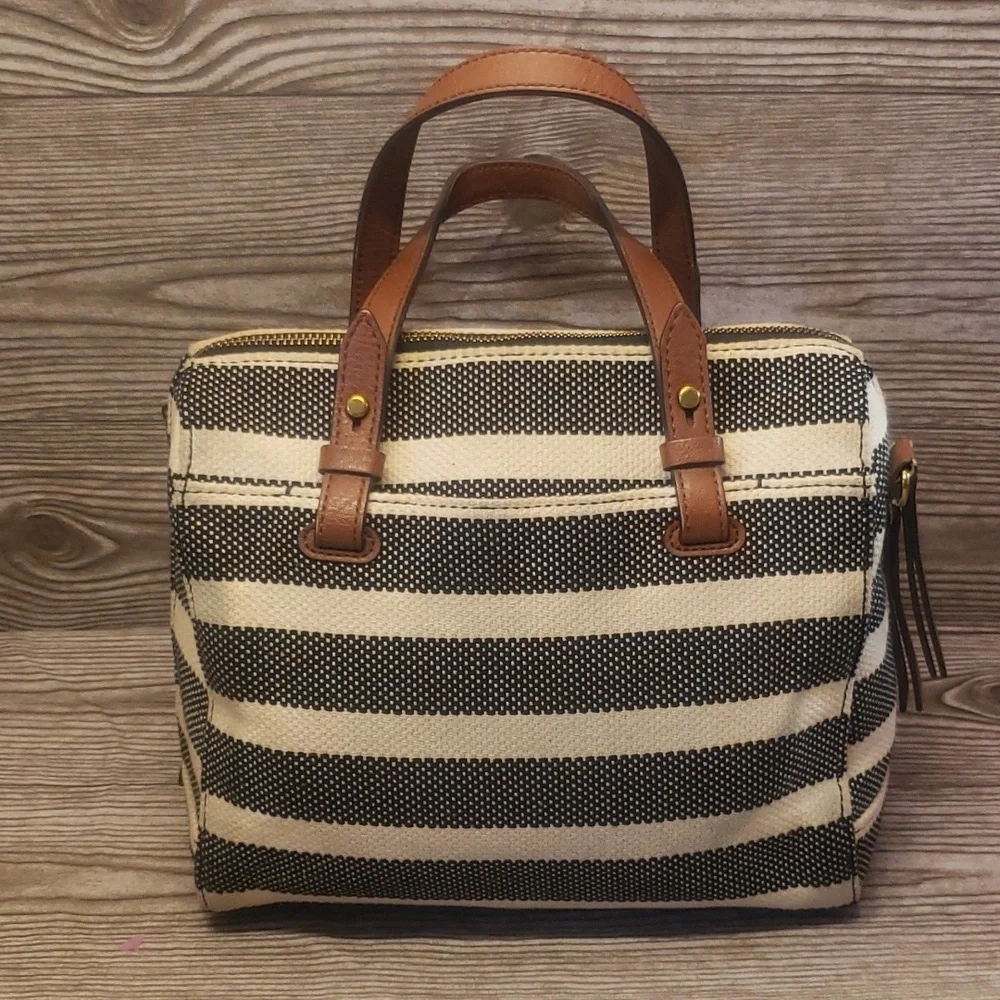 Fossil striped gray and cream canvas satchel bag